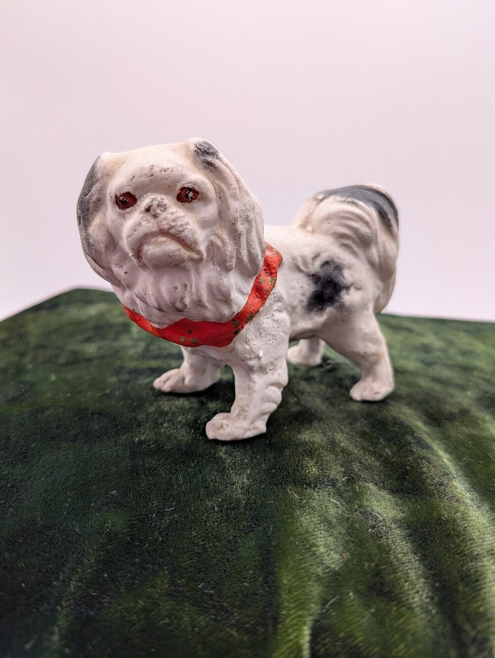 Antique Hand Painted White Pekingese Dog Figurine with Red Collar